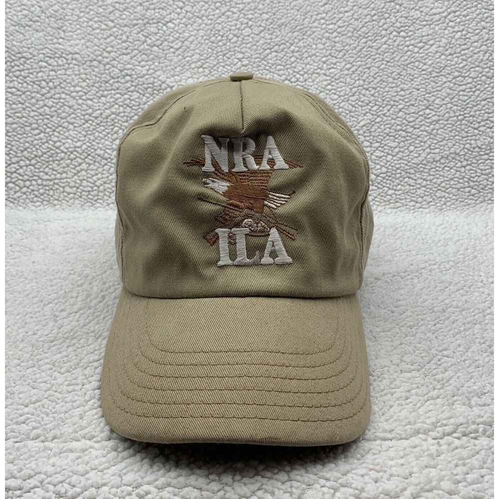VTG NRA ILA Baseball Hat Mens Leather Strap Beige OSFM USA Made Rifles Guns‎ Dad